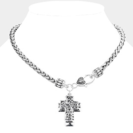 Antique Metal Cross Charm Necklace