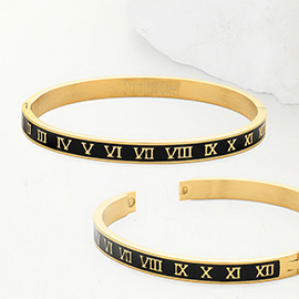 Enamel Roman Numeral Embossed Stainless Steel Hinged Bangle Bracelet