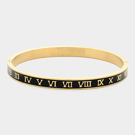 Enamel Roman Numeral Embossed Stainless Steel Hinged Bangle Bracelet