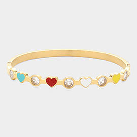 Enamel Heart Stone Bezel Pointed Stainless Steel Hinged Bangle Bracelet