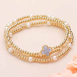 3PCS - Quatrefoil Pointed Pearl Metal Ball Beaded Stretch Multi Layered Bracelets