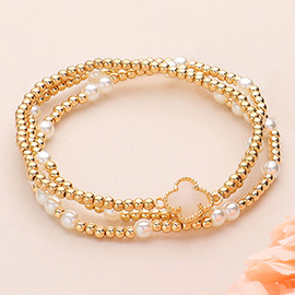 3PCS - Quatrefoil Pointed Pearl Metal Ball Beaded Stretch Multi Layered Bracelets