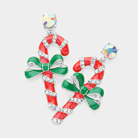 Stone Paved Enamel Christmas Candy Cane Dangle Earrings