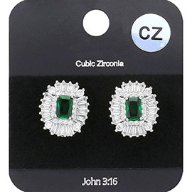 CZ Emerald Cut Stone Centered Evening Stud Earrings