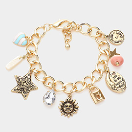 Metal Star Sun Lock Coin Enamel Heart Charm Chunky Bracelet