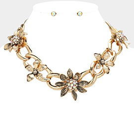 Stone Paved Flower Pointed Antique Metal Chunky Necklace