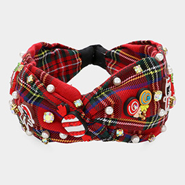 Christmas Theme Polymer Clay Charm Pearl Embellished Tartan Check Knot Headband