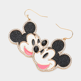 Stone Paved Rim Enamel Glittered Steamboat Willie Dangle Earrings