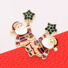 Stone Pearl Paved Enamel Santa Claus Dangle Earrings