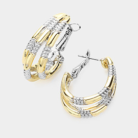 14K Gold Plater Two Tone Textured Metal Split Hoop Earrings