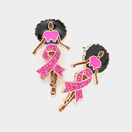 Stone Paved Pink Ribbon Enamel   Afro Woman Earrings