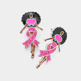 Stone Paved Pink Ribbon Enamel   Afro Woman Earrings