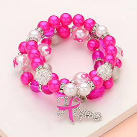 3PCS - Stone Paved Pink Ribbon HOPE Message Charm Shamballa Ball Pointed Pearl Beaded Stretch Multi Layered Bracelets