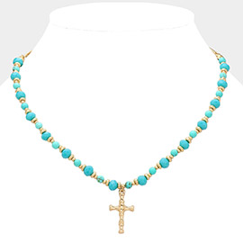 Semi Precious Stone Beaded Metal Cross Pendant Necklace