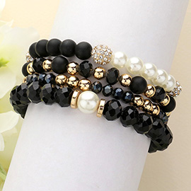 4PCS - Pearl Shamballa Ball Pointeed Beaded Stretch Multi Layered Bracelets