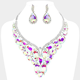 Oval Glass Stone Cluster Embellished Evening Necklace