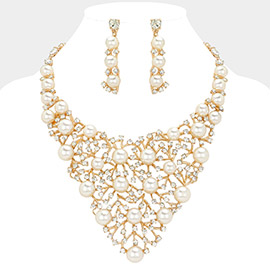 Pearl Stone Embellished Statement Evening Necklace