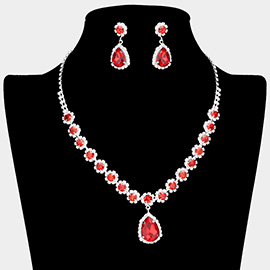 Teardrop Stone Pointed Flower Rhinestone Paved Necklace