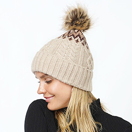 Ethnic Knit Beanie with Pom Pom