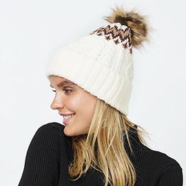 Ethnic Knit Beanie with Pom Pom