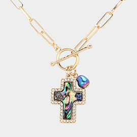 Abalone Cross Pendant Paperclip Chain Toggle Necklace