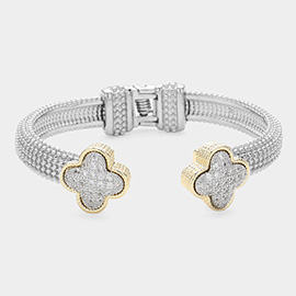 CZ Stone Paved Quatrefoil Tip Two Tone Hinged Cuff Bracelet