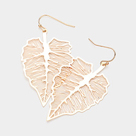 Brass Metal Filigree Leaf Dangle Earrings