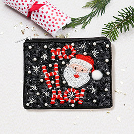 HOHOHO Message Santa Pearl Pom Pom Seed Beaded Mini Pouch Bag