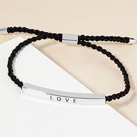 White Gold Dipped LOVE Message Bar Pointed Rope Adjustable Cinch Pull Tie Bracelet