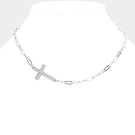 Stone Paved Cross Pendant Pointed Paperclip Chain Necklace