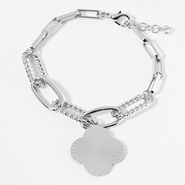 White Gold Dipped Textured Metal Quatrefoil Charm Chunky Chain Bracelet