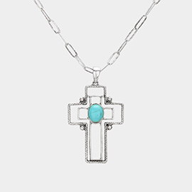 Oval Wester Turquoise Stone Pointed Metal Wire Cross Pendant Necklace