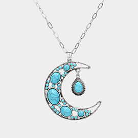 Bohemian Western Turquoise Stone Embellished Crescent Pendant Necklace