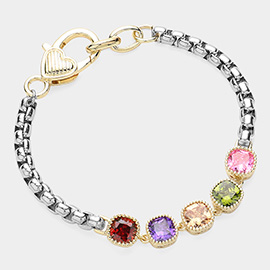 14K Gold Plated Square Colorful CZ Stone Cluster Link Bracelet