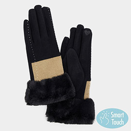 Two Tone And Stitch Lines Faux Fur Cuff Smart Touch Gloves