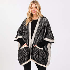 Fuzzy Herringbon Pocket Kimono Poncho