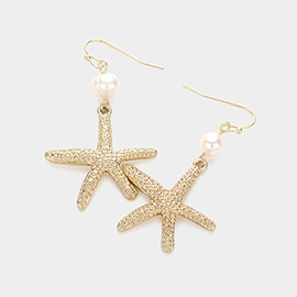 Gold Dipped Pearl Pointed Textured Starfish Dangle Earrings