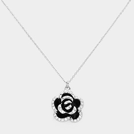 Stone Paved Rim Enamel Rose Pendant Necklace