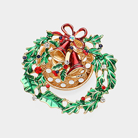 Enamel Stone Embellished Christmas Wreath Magnetic Brooch