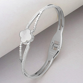 Mother Of Pearl Quatrefoil Pointed Stone Paved Stainless Steel Hinged Bangle Bracelet