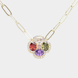 14K Gold Plated CZ Stone Flower Pendant Necklace