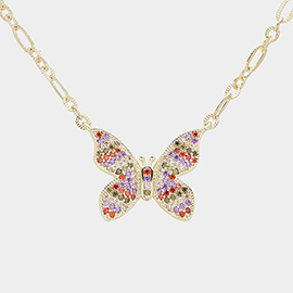 14K Gold Plated CZ Stone Paved Butterfly Pendant Necklace