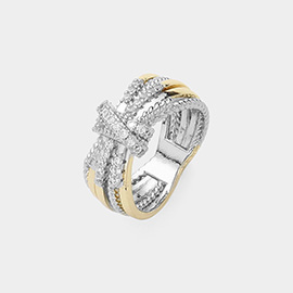 Two Tone CZ Stone Paved Crisscross Ring