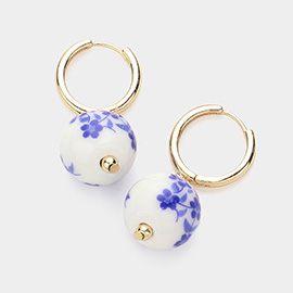 Floral Pattern Blue Ceramic Ball Dangle Huggie Earrings