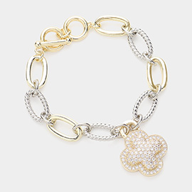 14K Gold Plated CZ Stone Paved Mother Of Pearl Quatrefoil Charm Textured Metal Toggle Bracelet