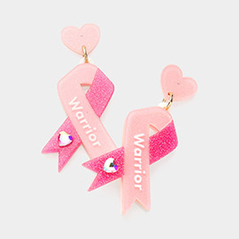 Warrior Message Heart Stone Glittered Pink Ribbon Dangle Earrings
