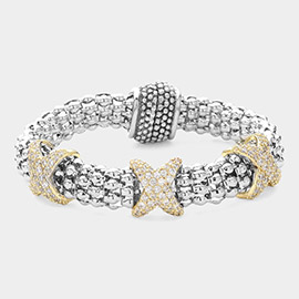 14K Gold Plated Two Tone CZ Stone Paved Crisscross Pointed Magnetic Bracelet