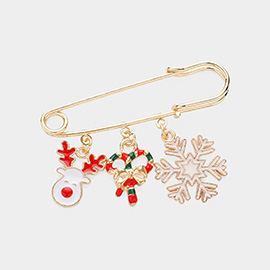 Enamel Christmas Cane Snowman Bell Rudolph Charm Safety Pin Brooch