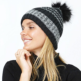 Ribbed Knit Pom Pom Beanie Hat