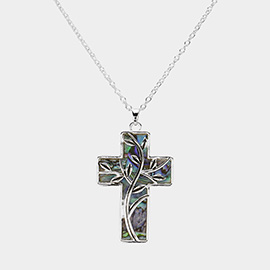 Leaf Vine Pointed Abalone Cross Pendant Necklace